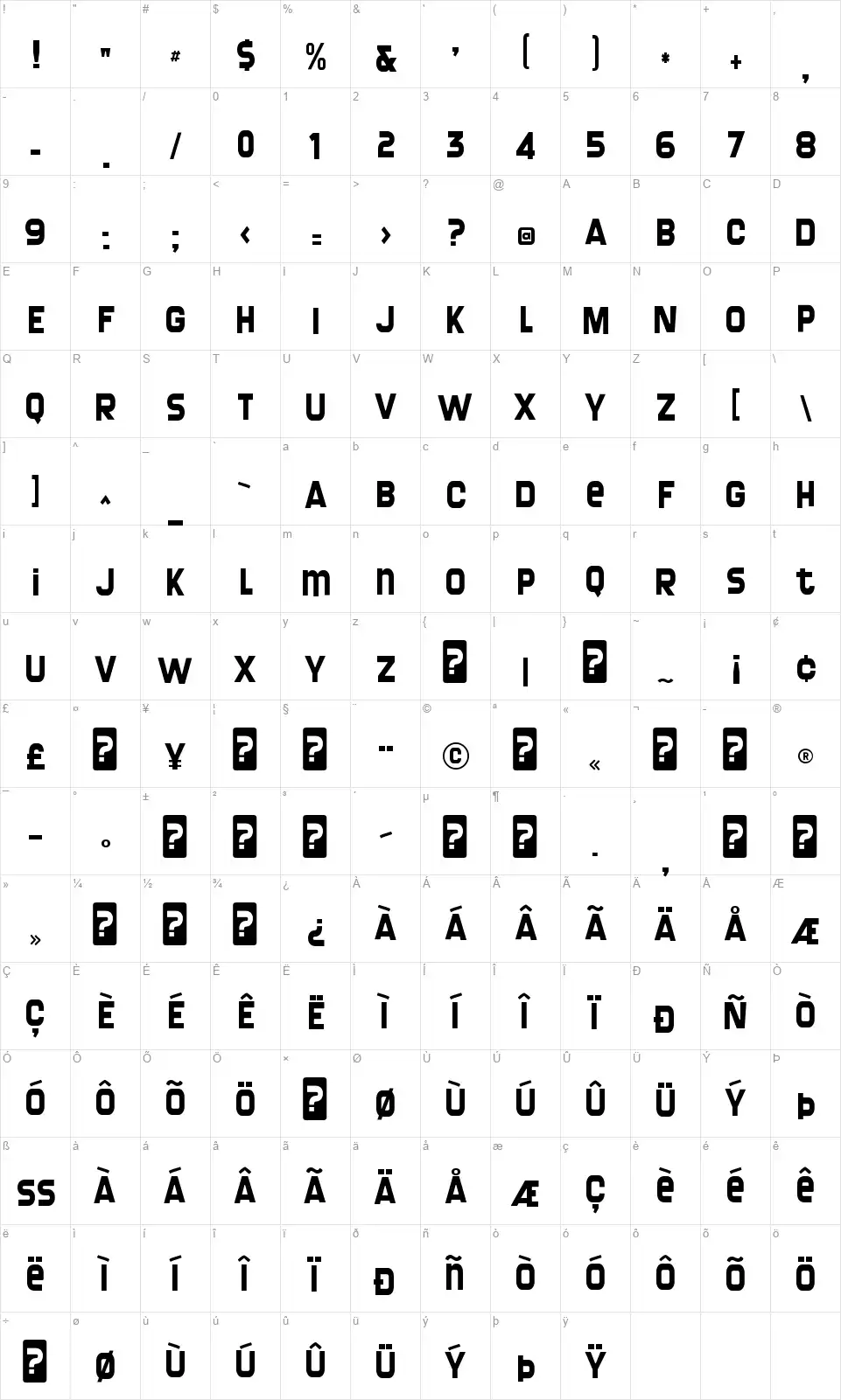 Screengem-Regularfont character map
