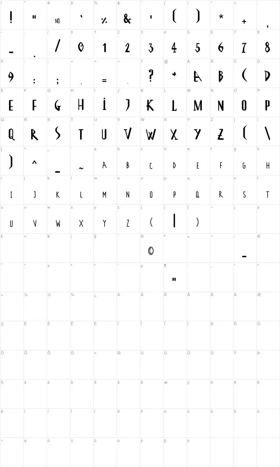 Seedsfont character map