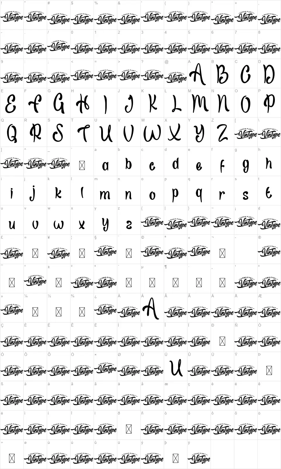 Senjakalafont character map