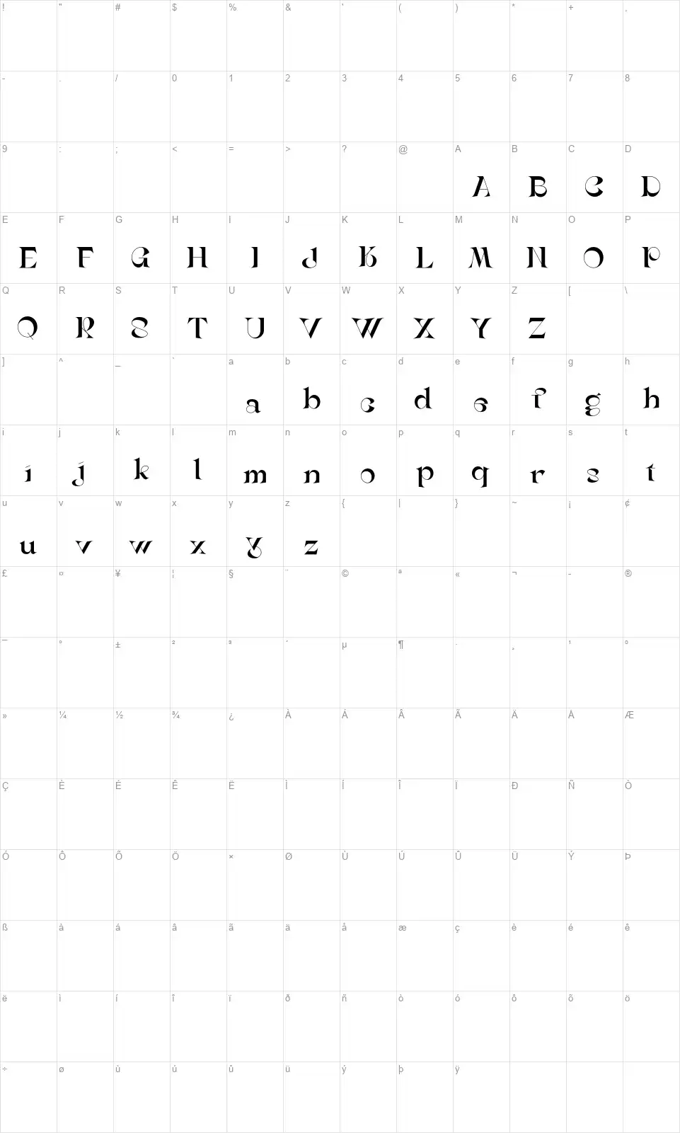 Serayafont character map