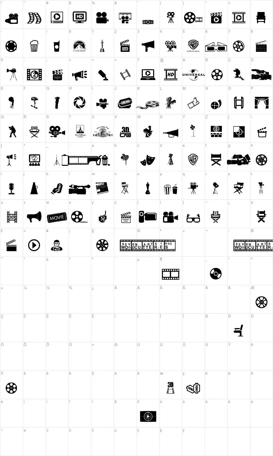 Seven Artsfont character map