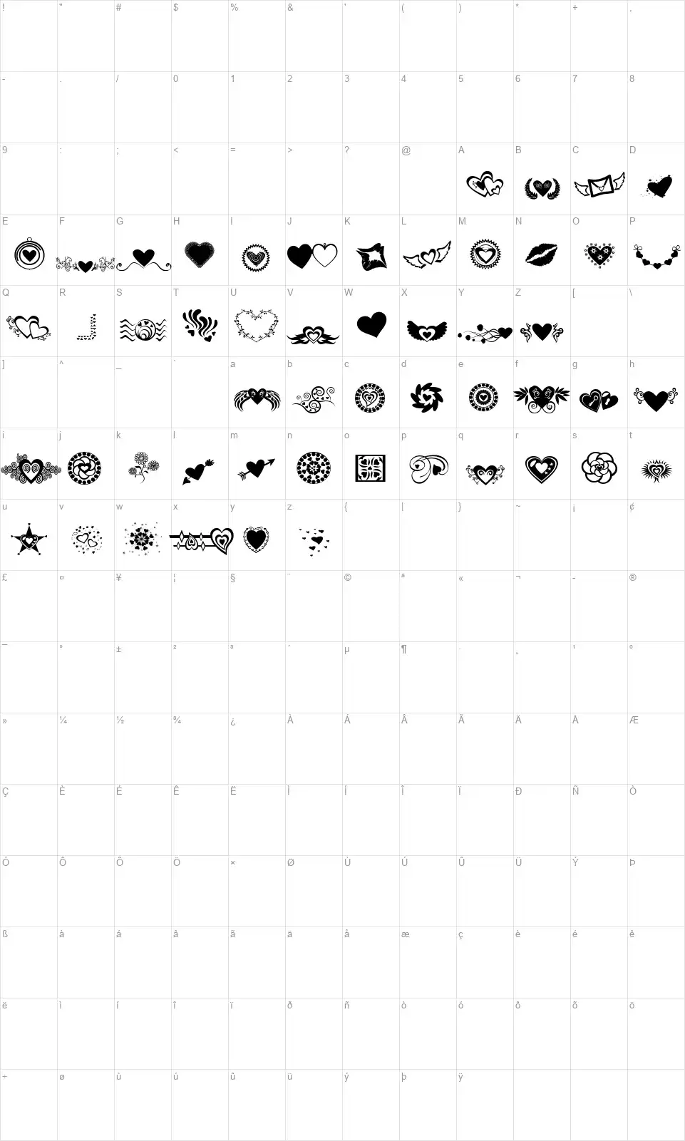 Sexy Rexy Smittenfont character map
