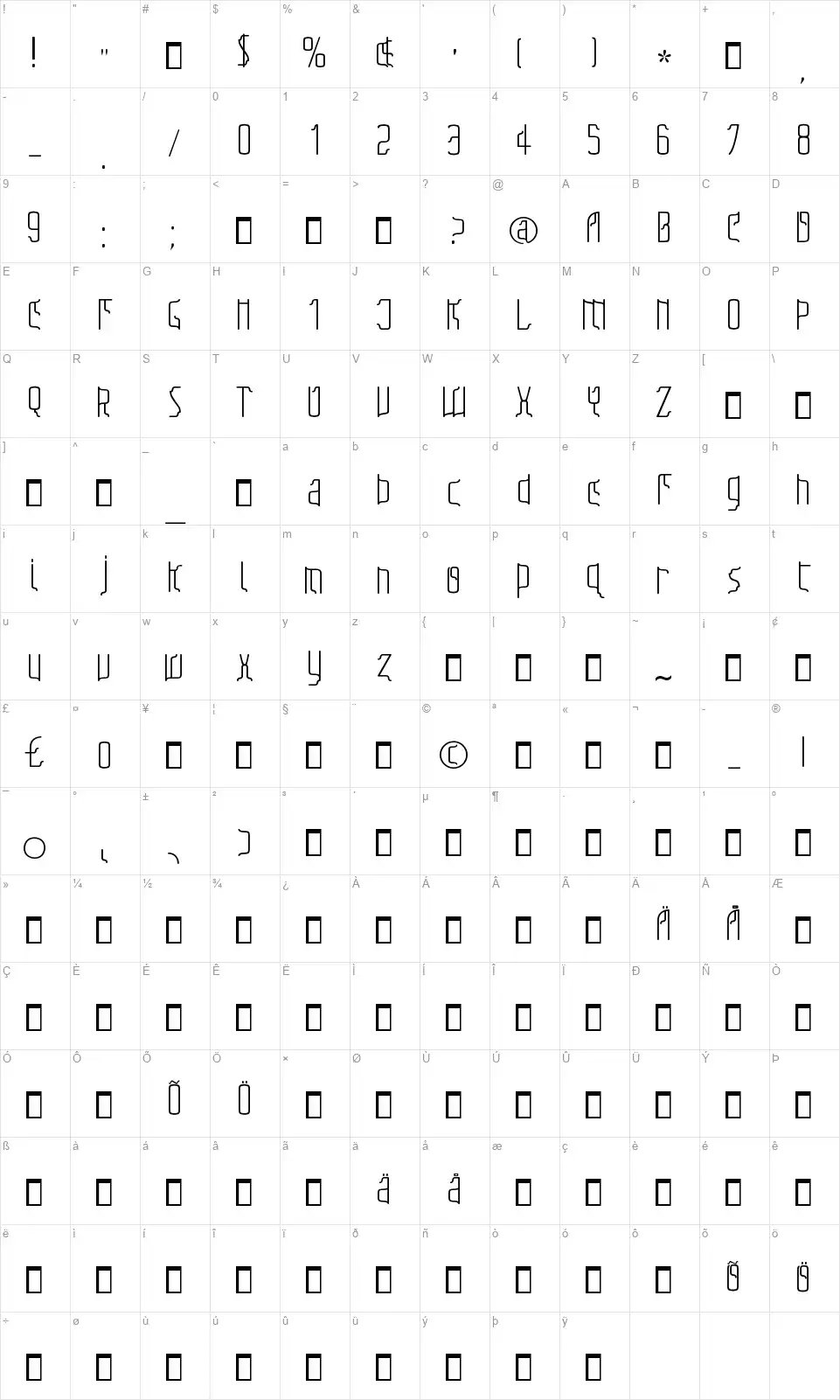 Sfilthfont character map