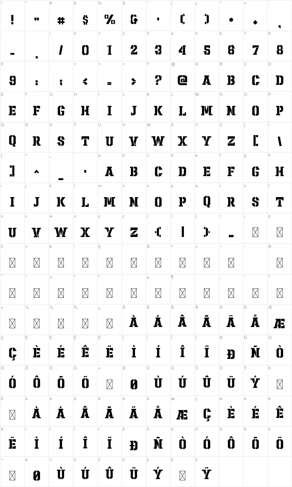 Sharpshooterfont character map