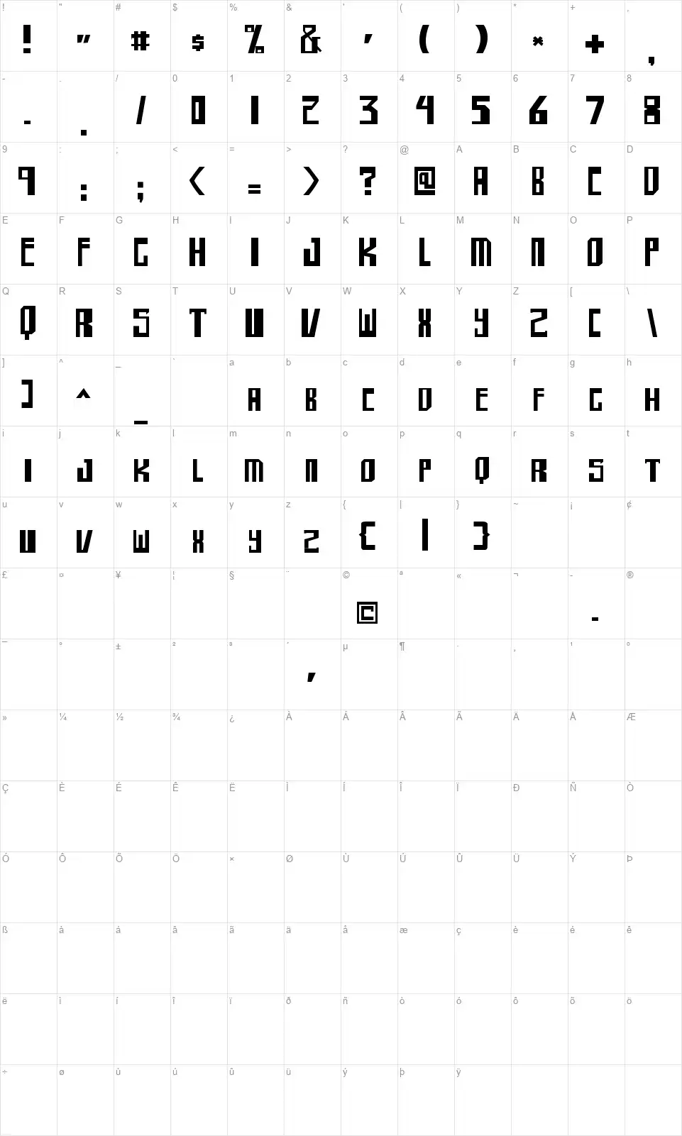 Shellhead 2font character map