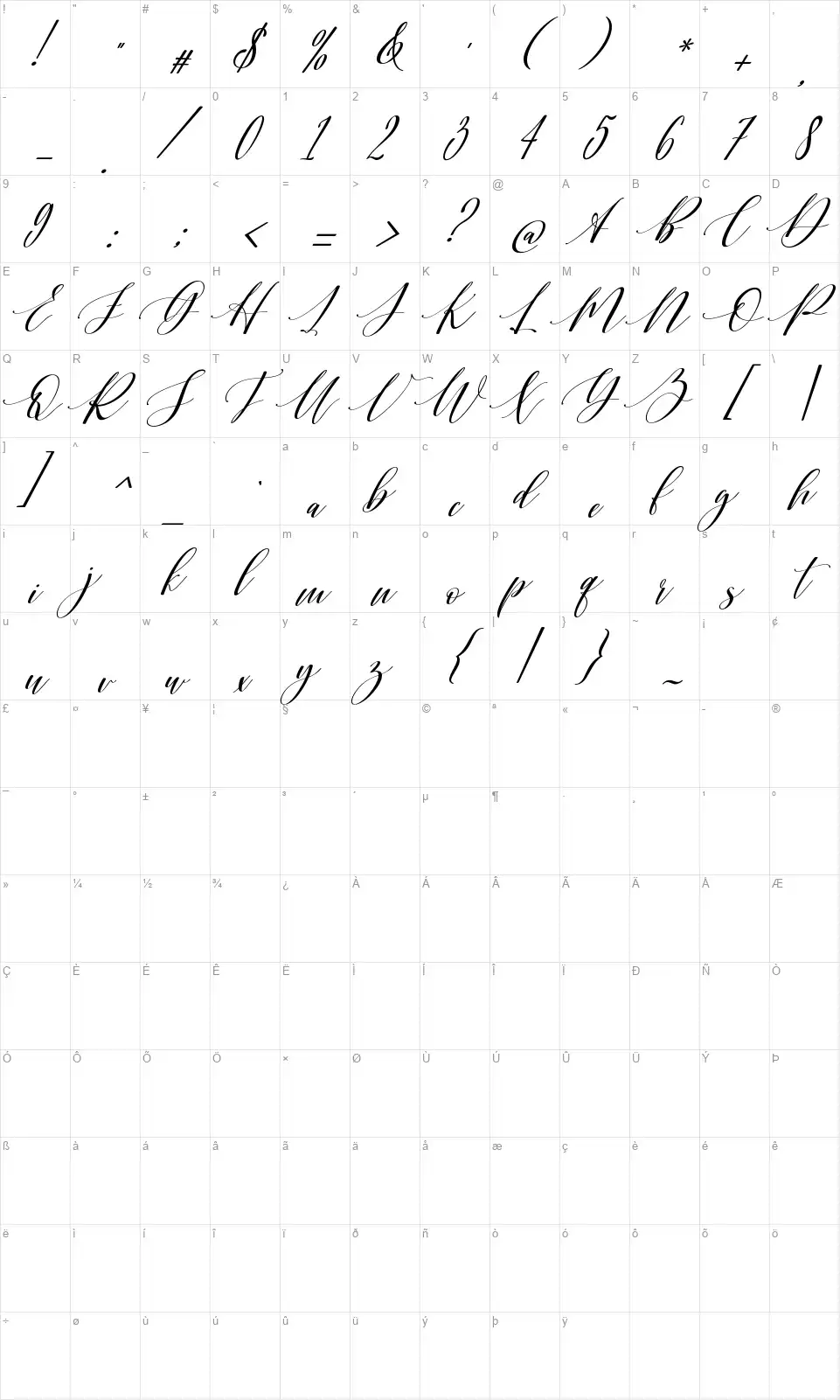Shingtonfont character map