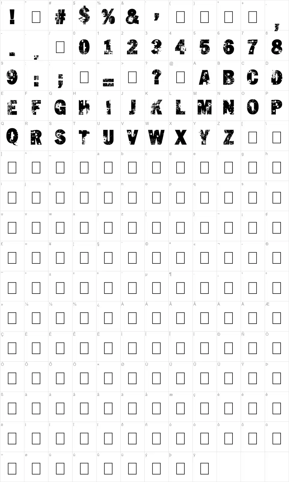 Shut'Em Downfont character map