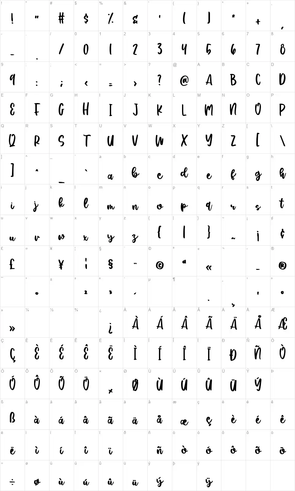 Silky Smokefont character map