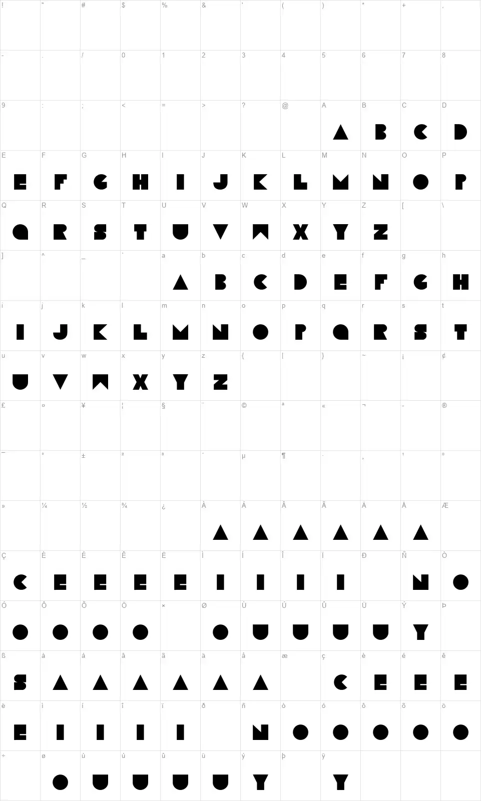 Simplaform Solidfont character map