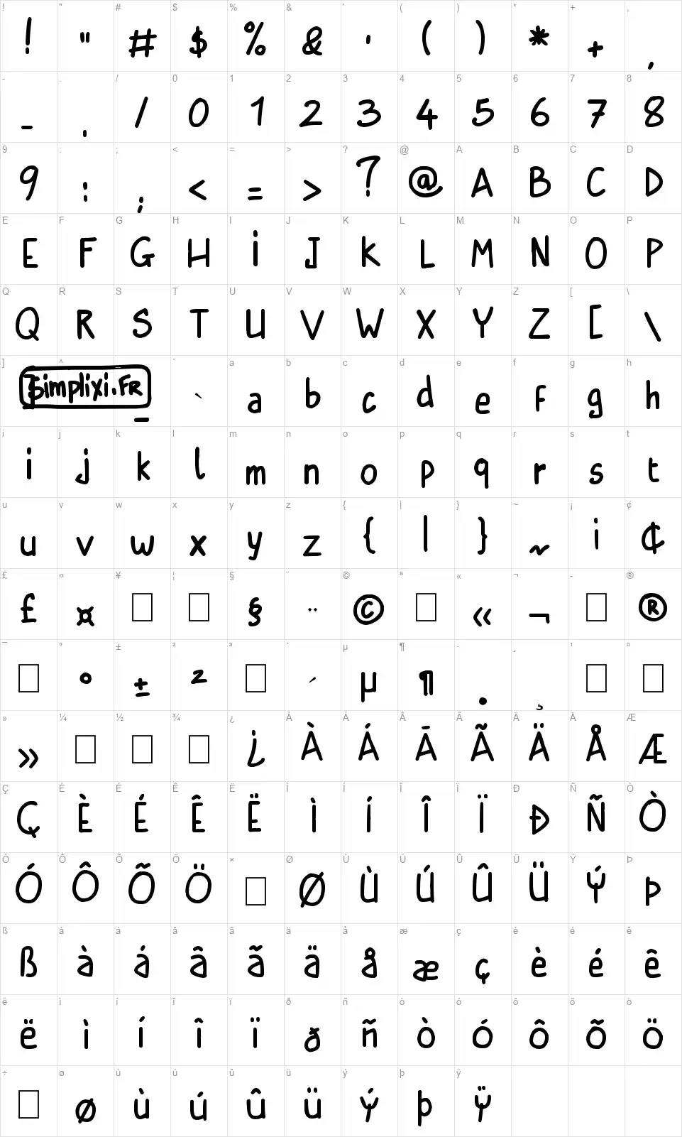 Simplixifont character map