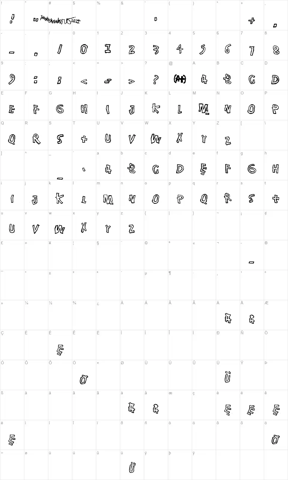 Singalongafont character map
