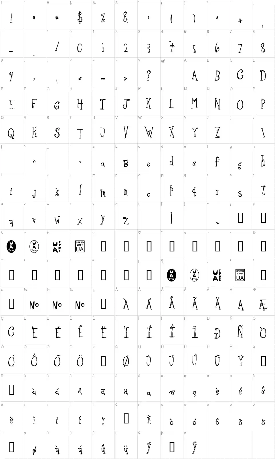 Sketchbookfont character map