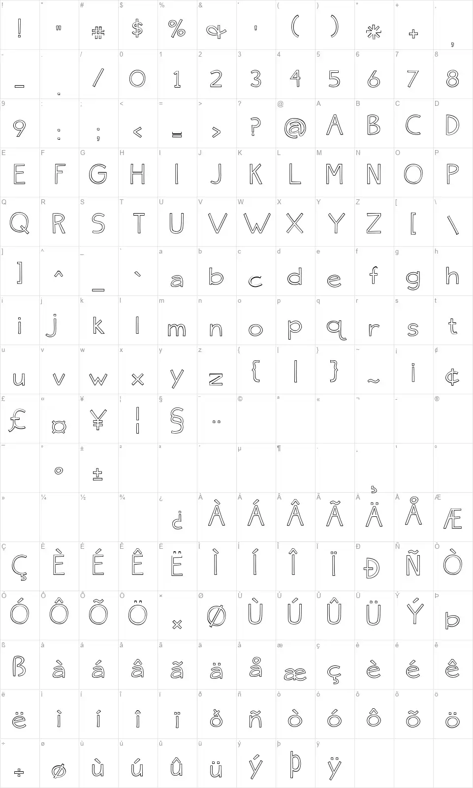Skinny Jeansfont character map