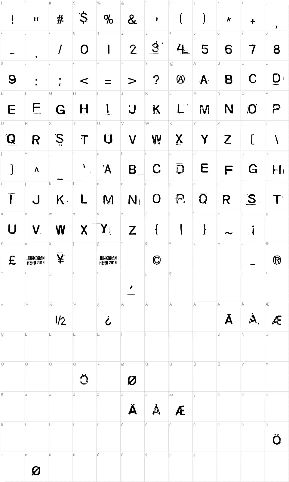 Skriik! Electro-mechanical machinefont character map