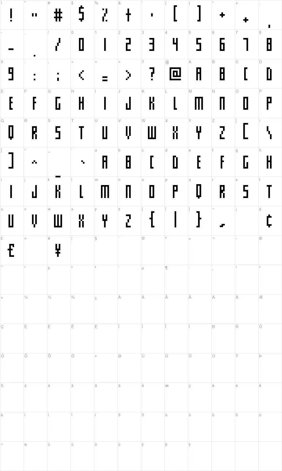 Slim Thin Pixelettesfont character map