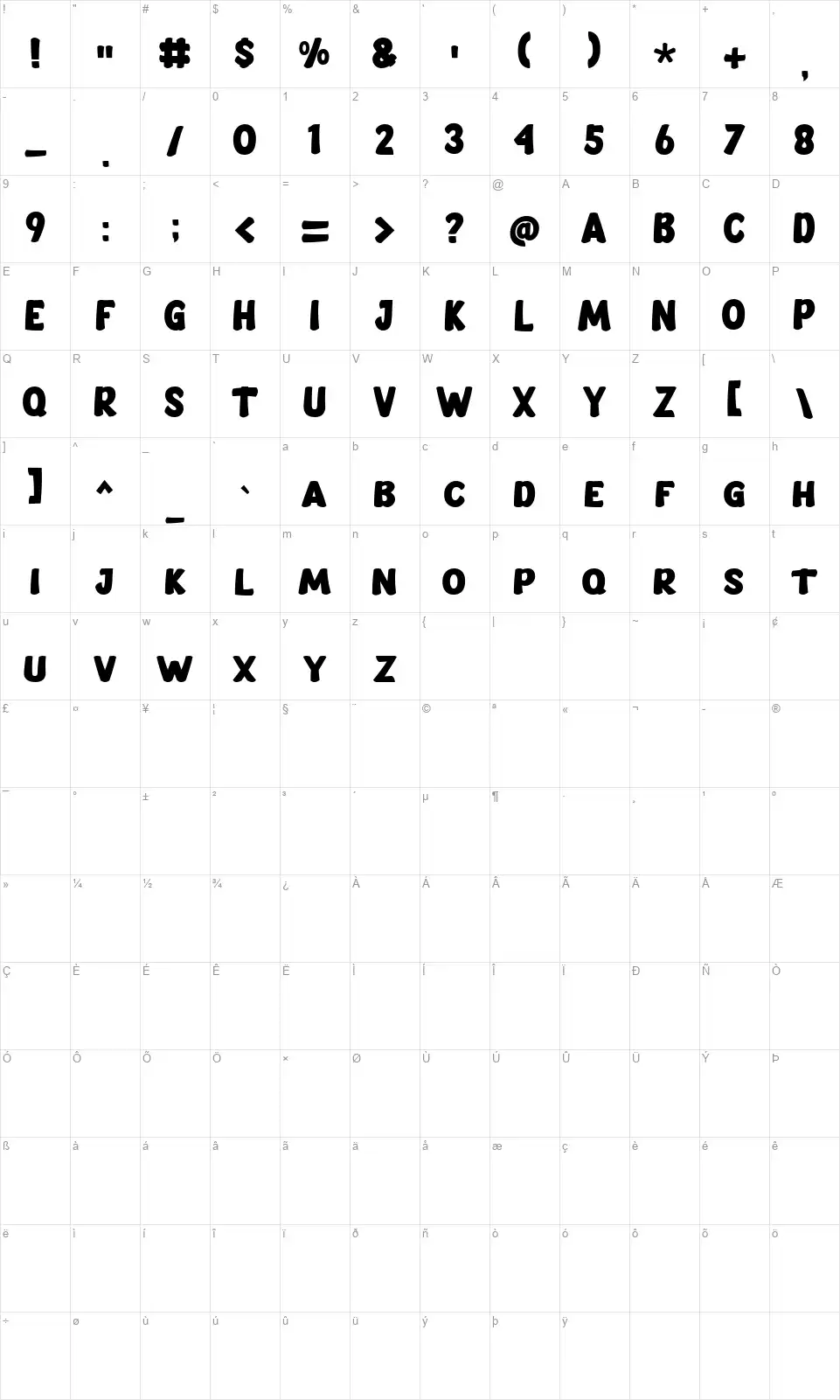 Smack Boomfont character map