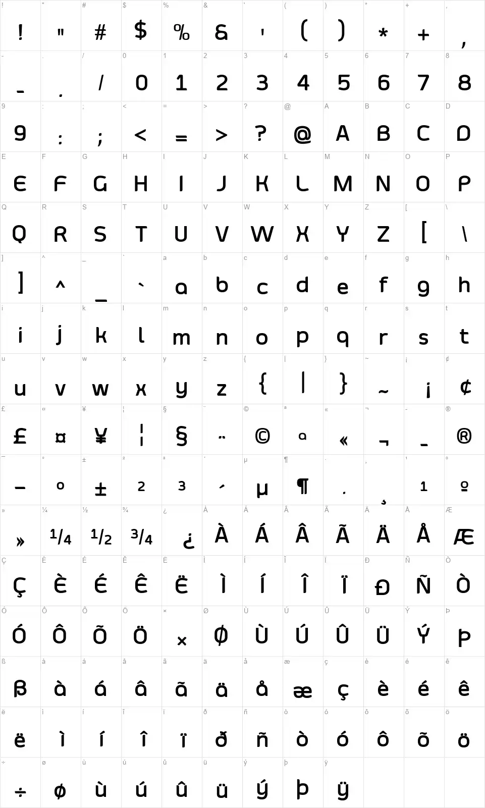 Smoolthanfont character map