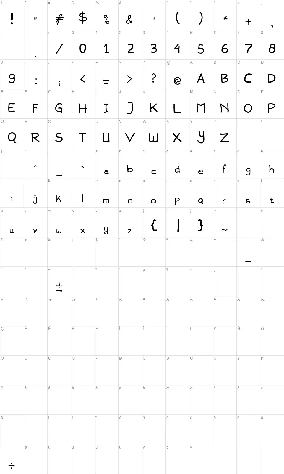 Snowlattefont character map