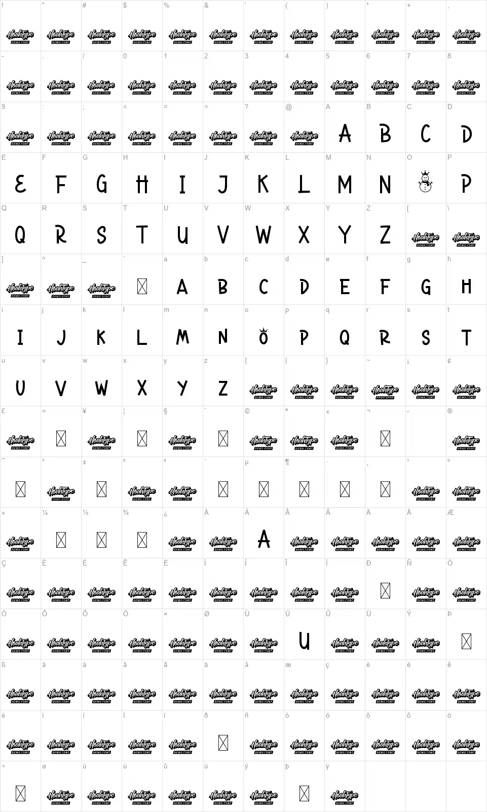 Snowy Crownfont character map