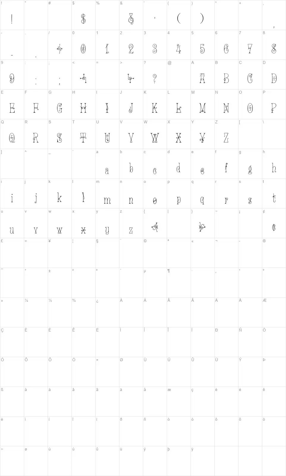 Solo's Heather Lightface Map Solo's Heather Lightfacefont character map