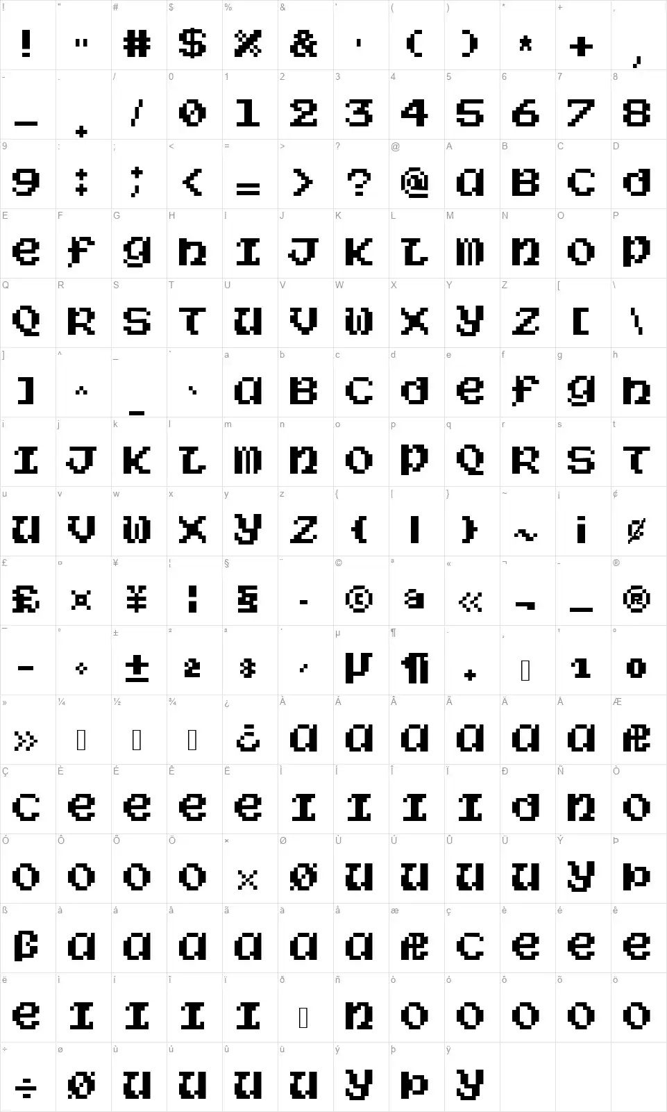 Sorcery 6128font character map