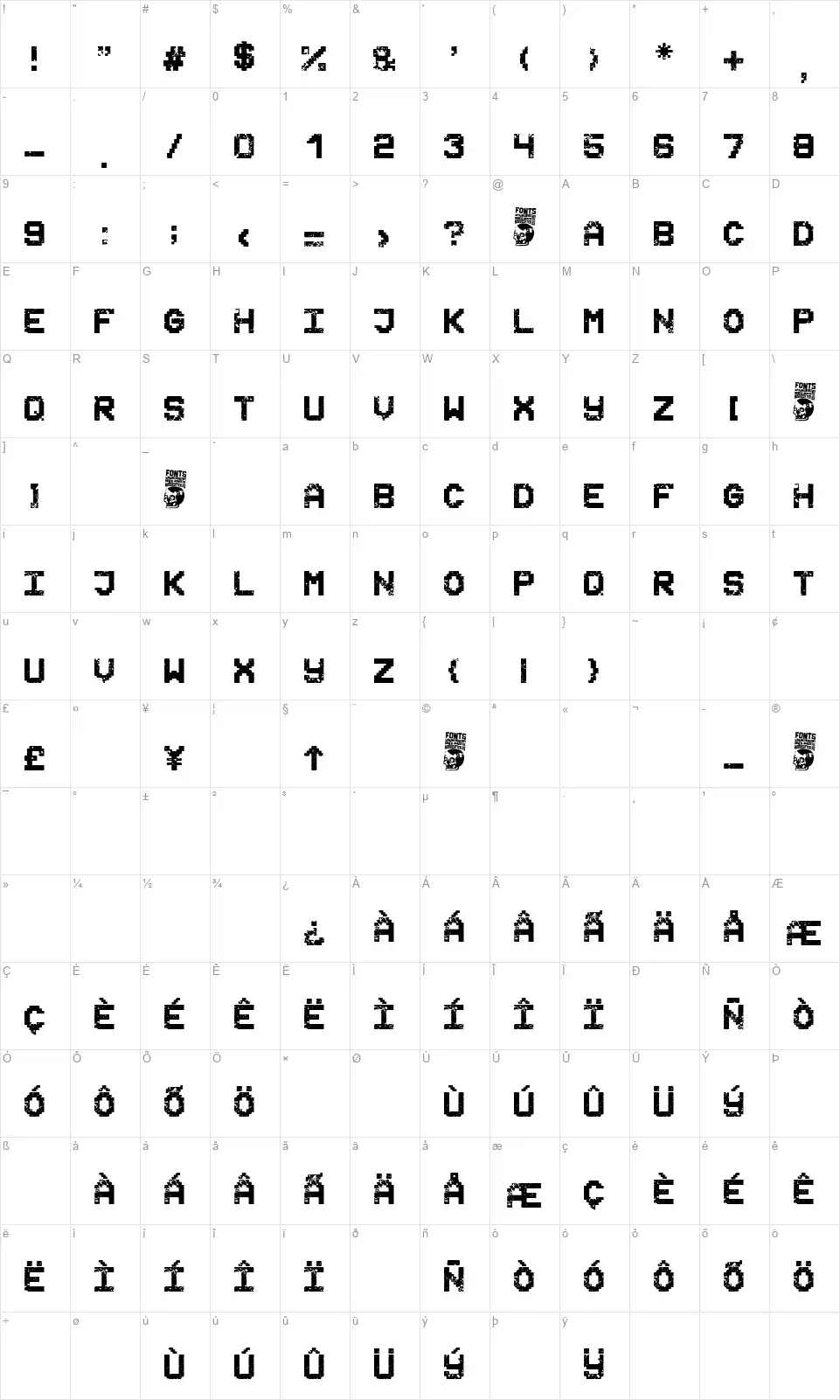 Space Grungefont character map