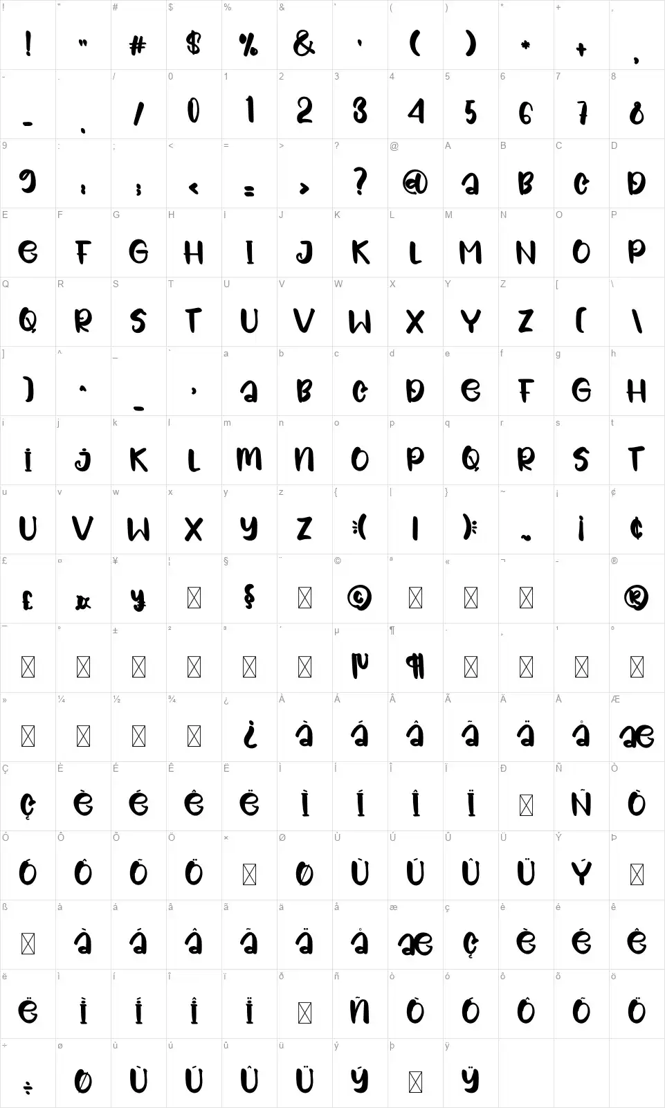 Space Holidayfont character map