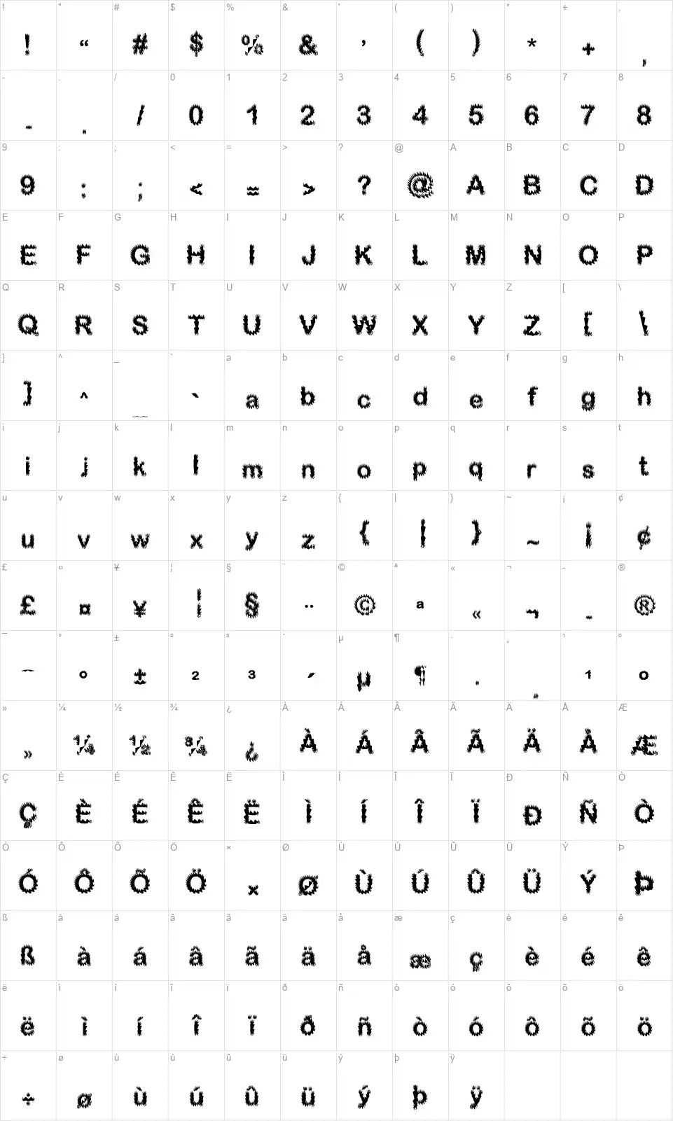 Sparkpluckedfont character map