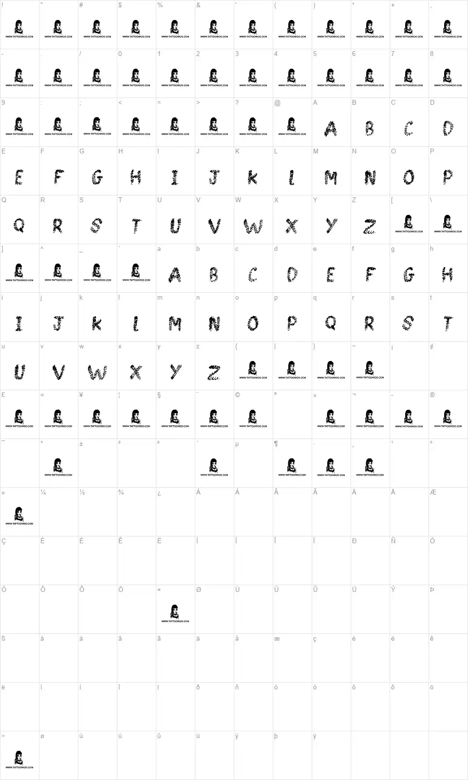 Spin Headfont character map