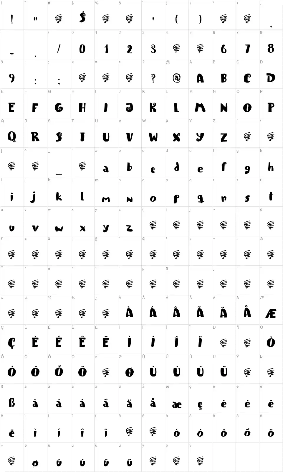 Spiraling Downfont character map
