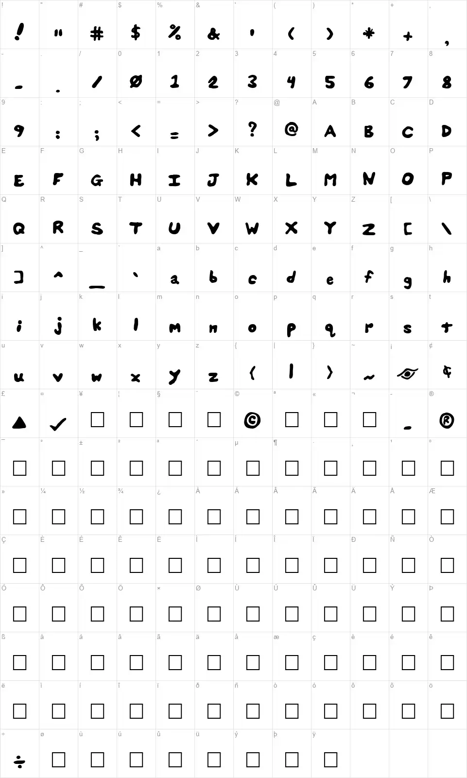 Splats Unsplattedfont character map