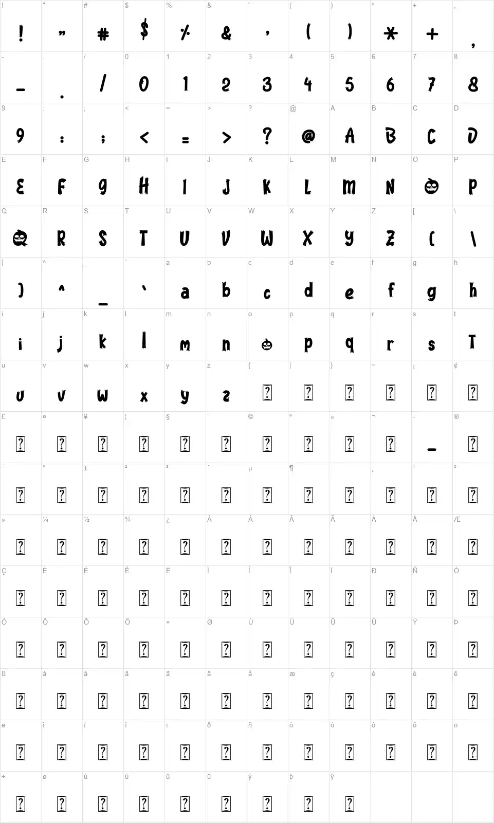 Spooky Hunterfont character map