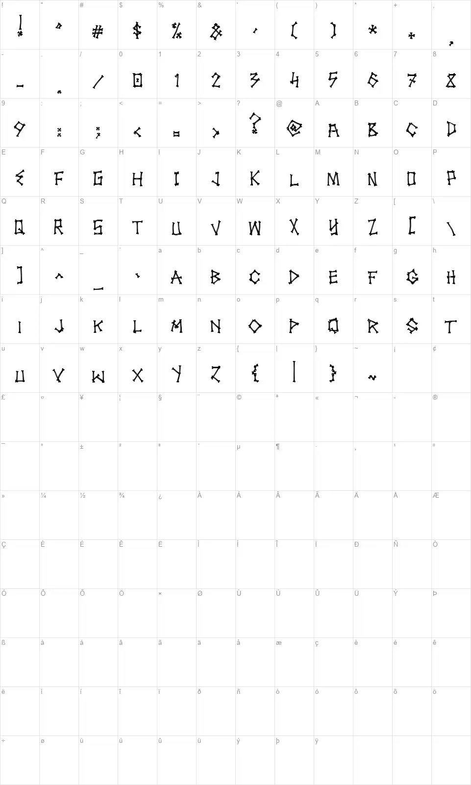 Spookybonesfont character map