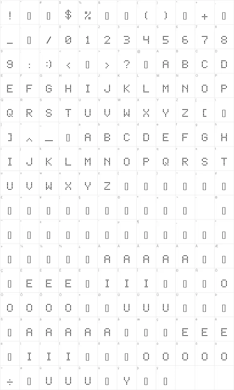 Square Dot-Matrixfont character map
