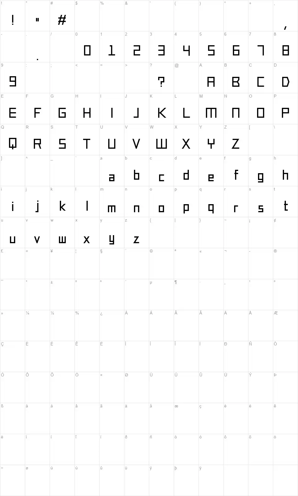 Squarifiedfont character map