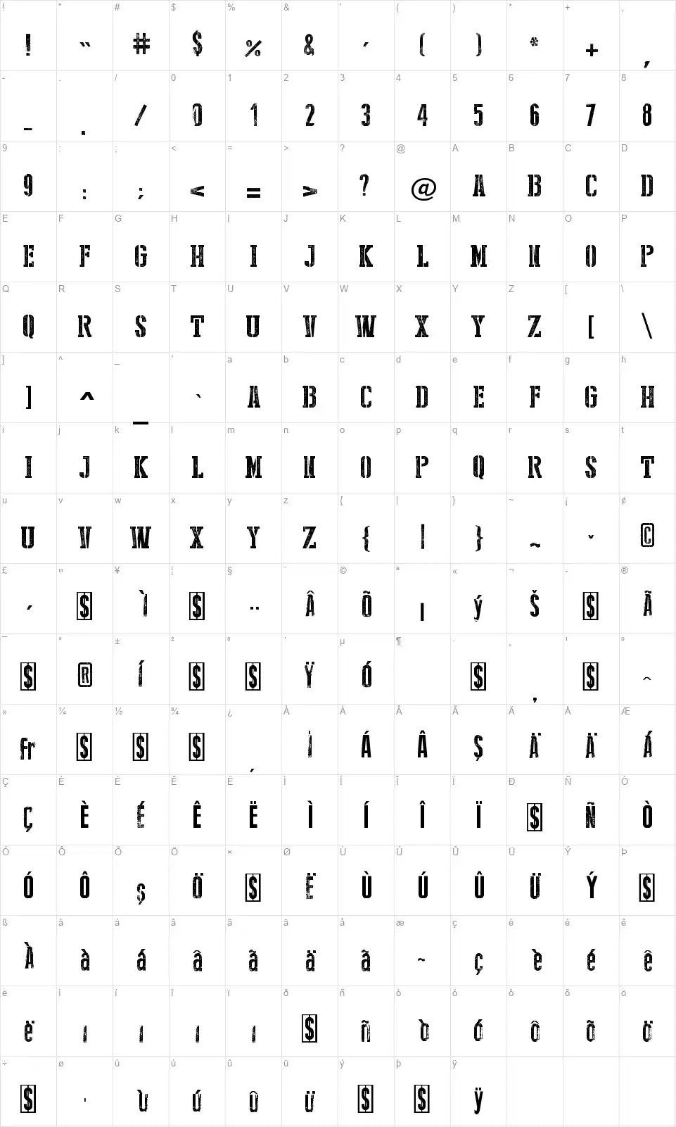 Stencil Style Newfont character map