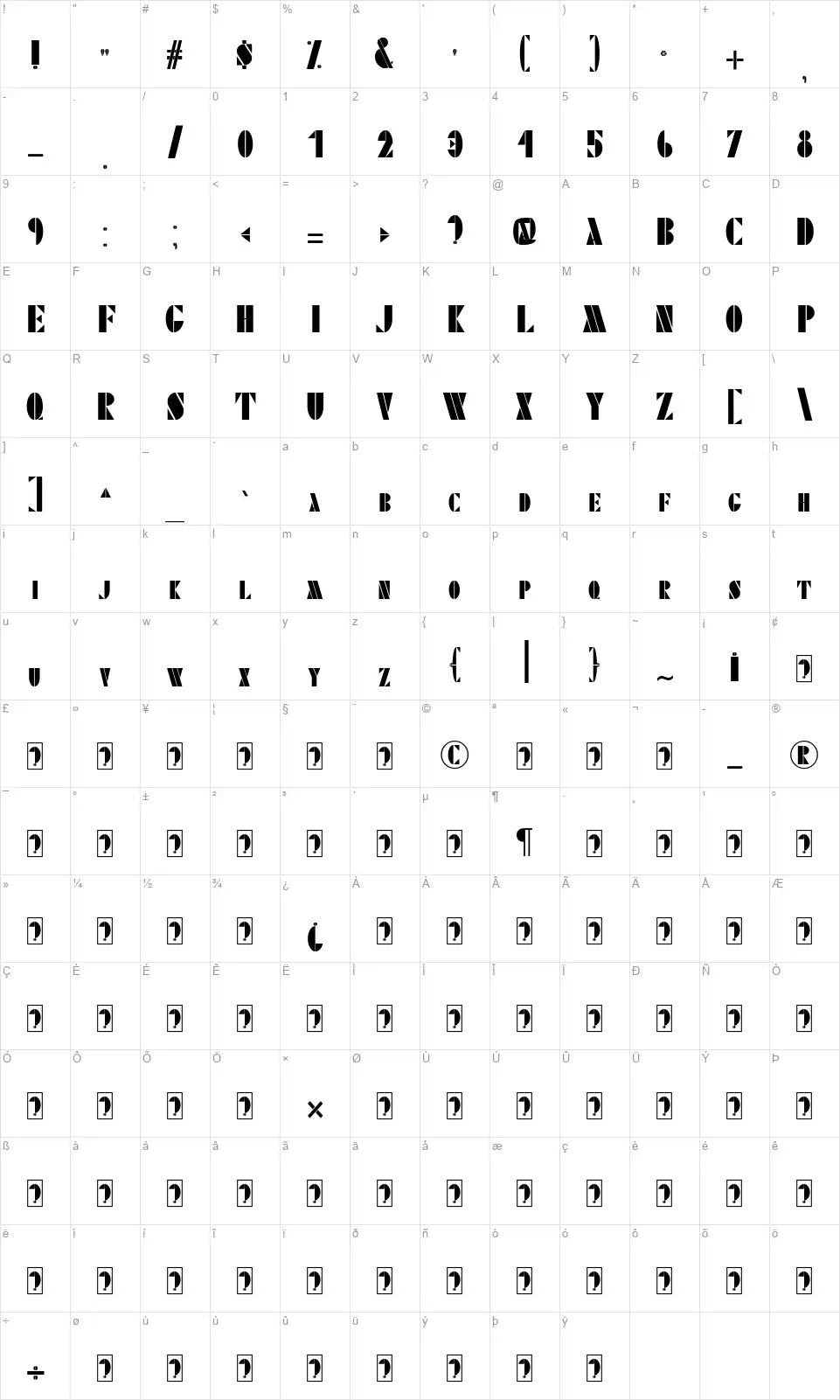 Stencilitisfont character map
