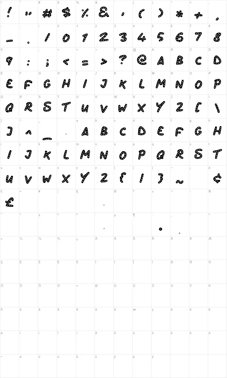 Stitchy Missyfont character map