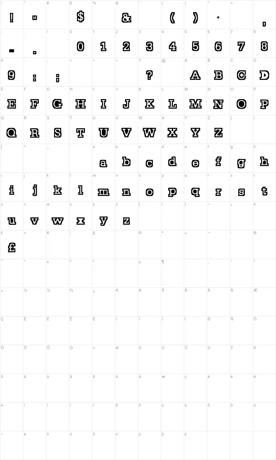 Stockyfont character map