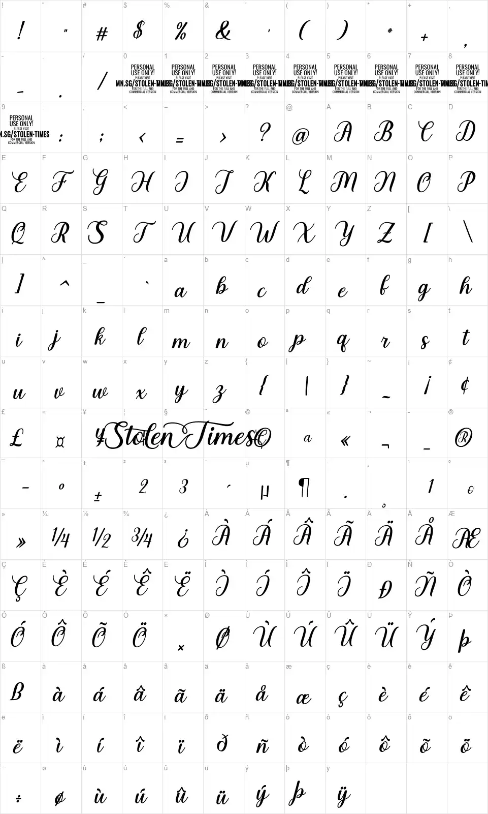Stolen Timesfont character map