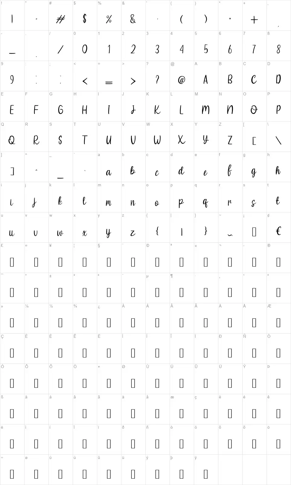 Summer Yesterdayfont character map