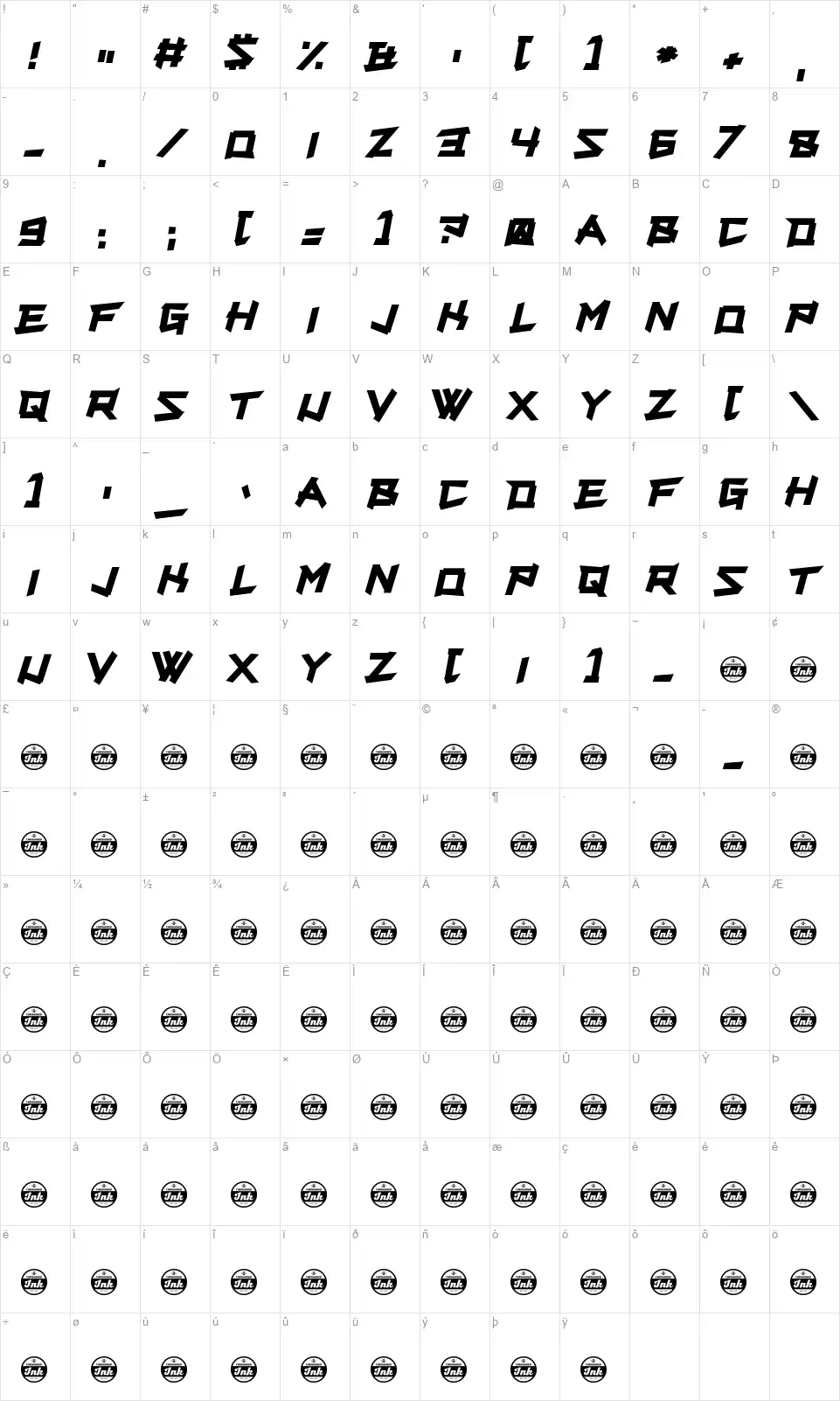Supercarverfont character map