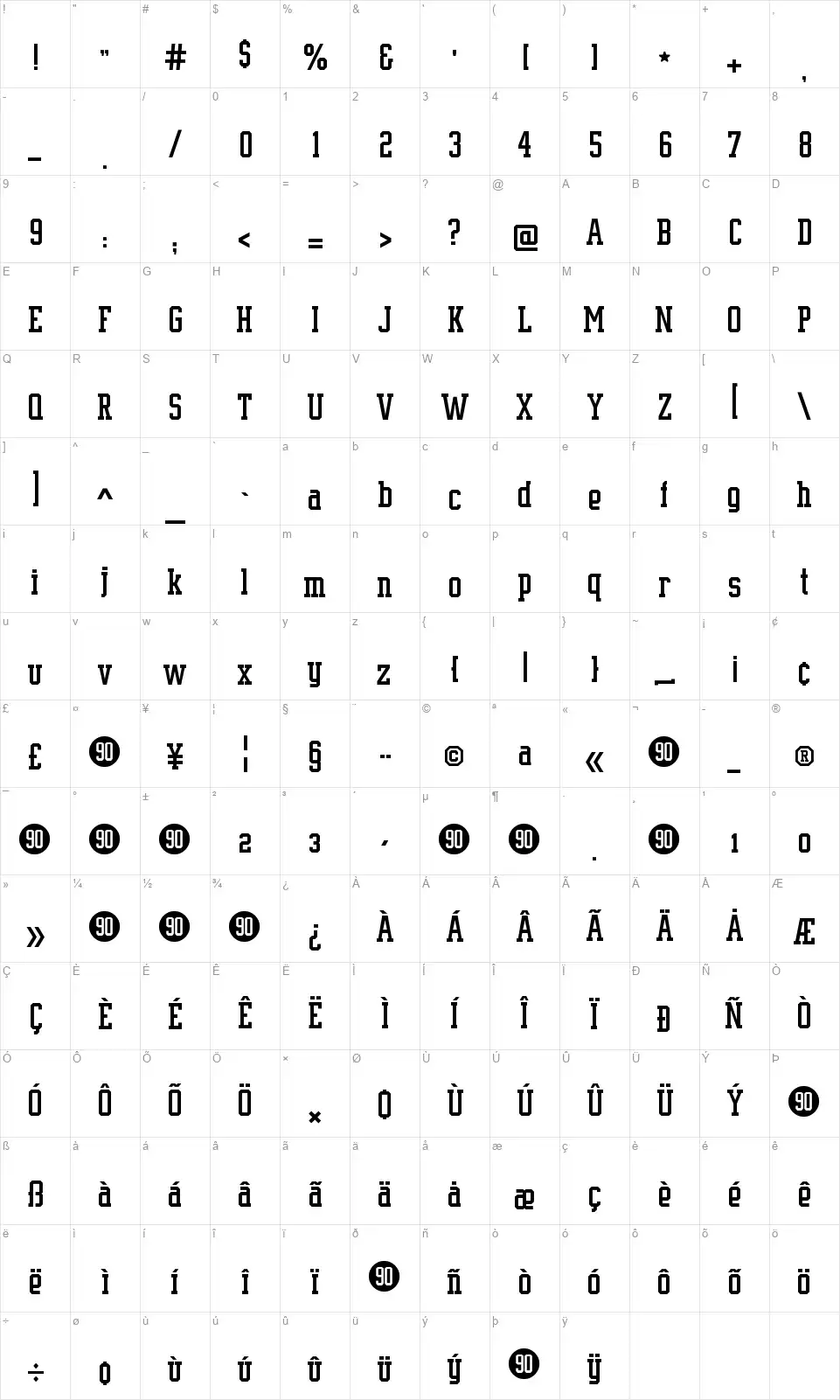 Supreme BW90font character map