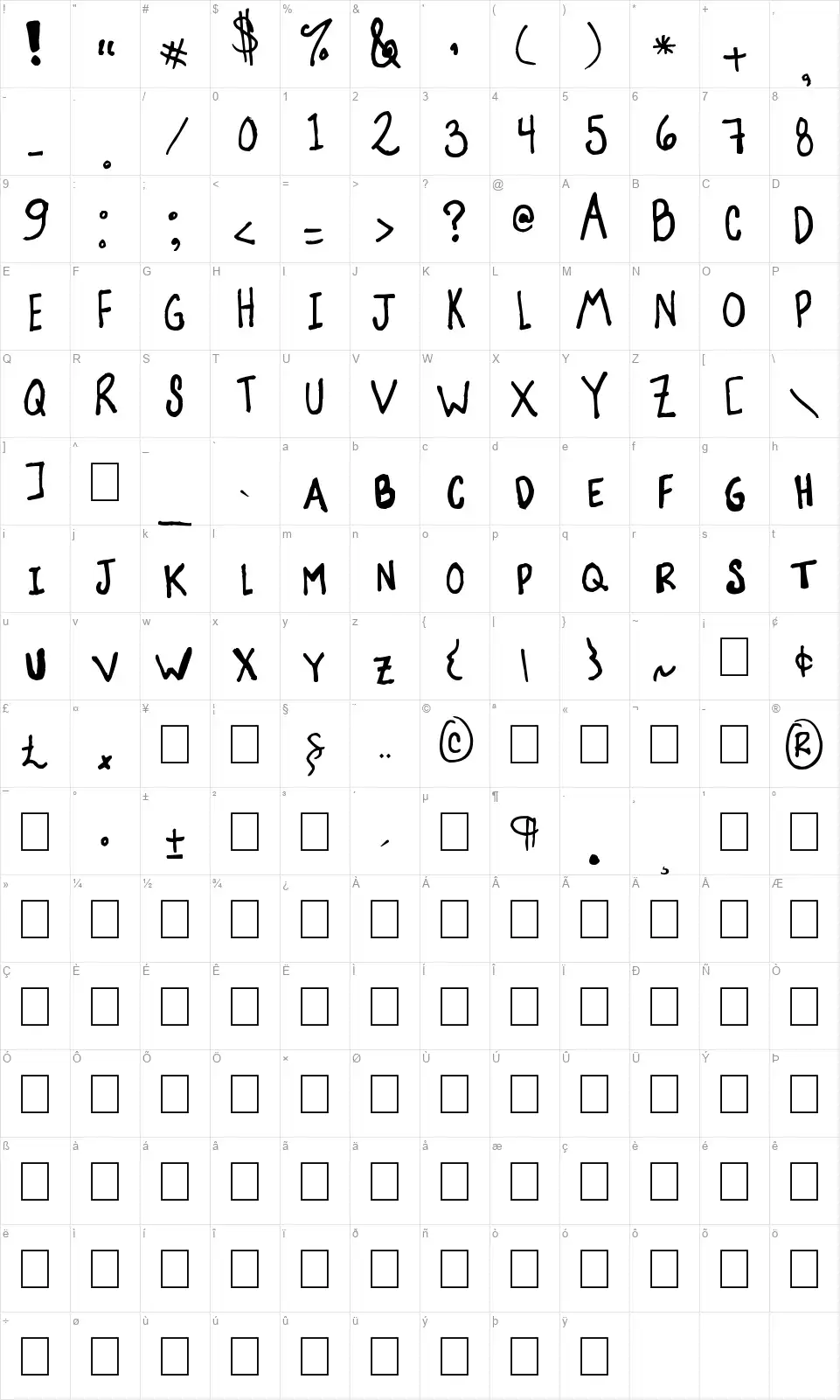 Suzannafont character map