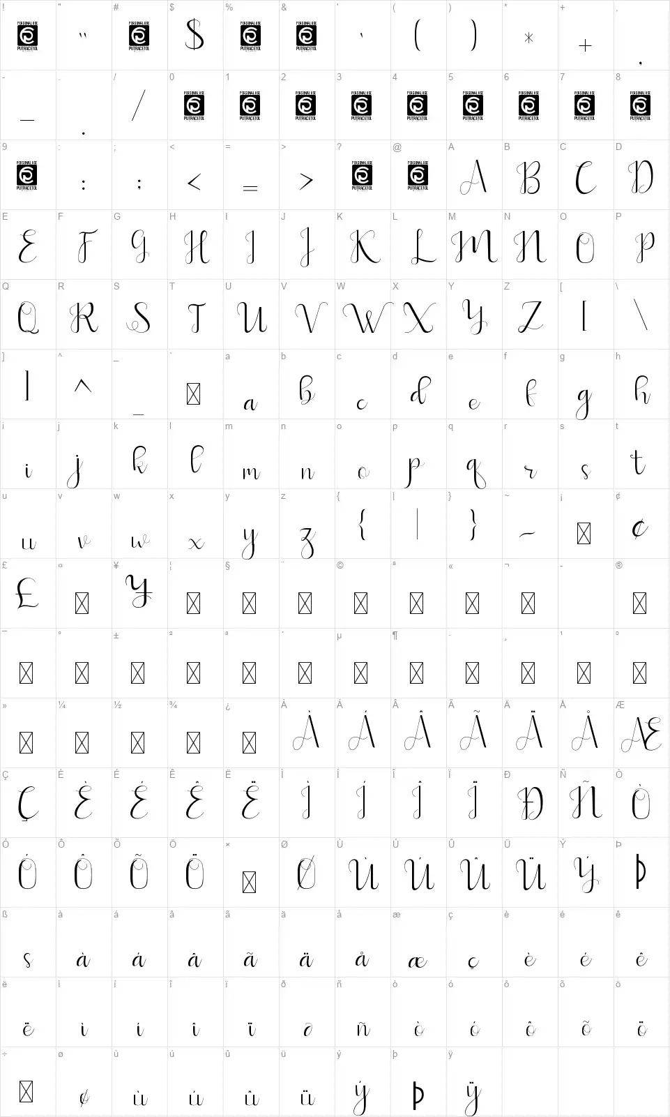 Sweetyheartsfont character map