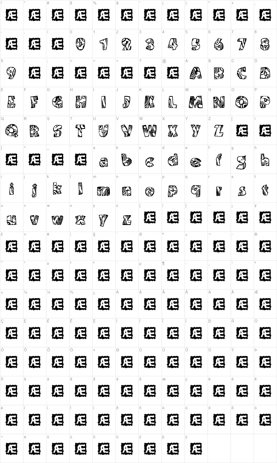 Swirled BRKfont character map