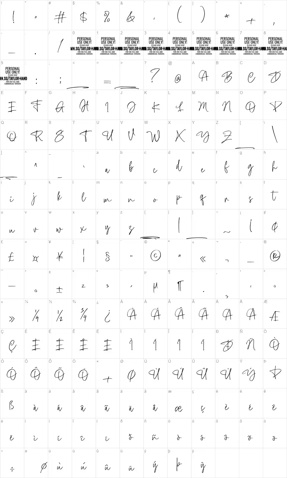 Taylor Handfont character map