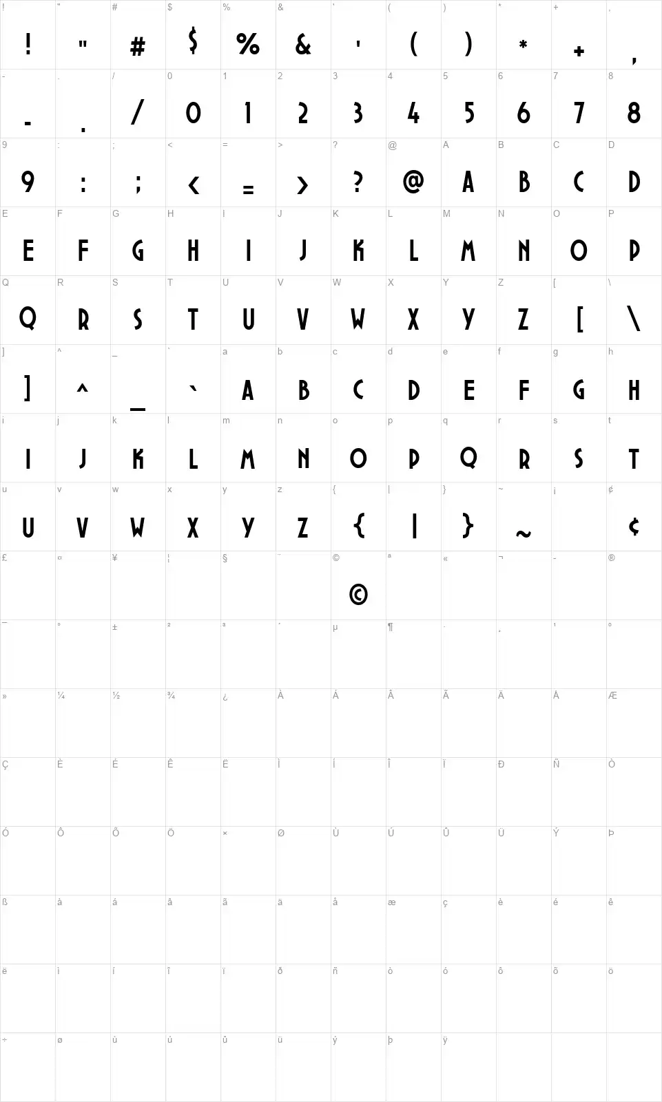 TC Vidwrkfont character map