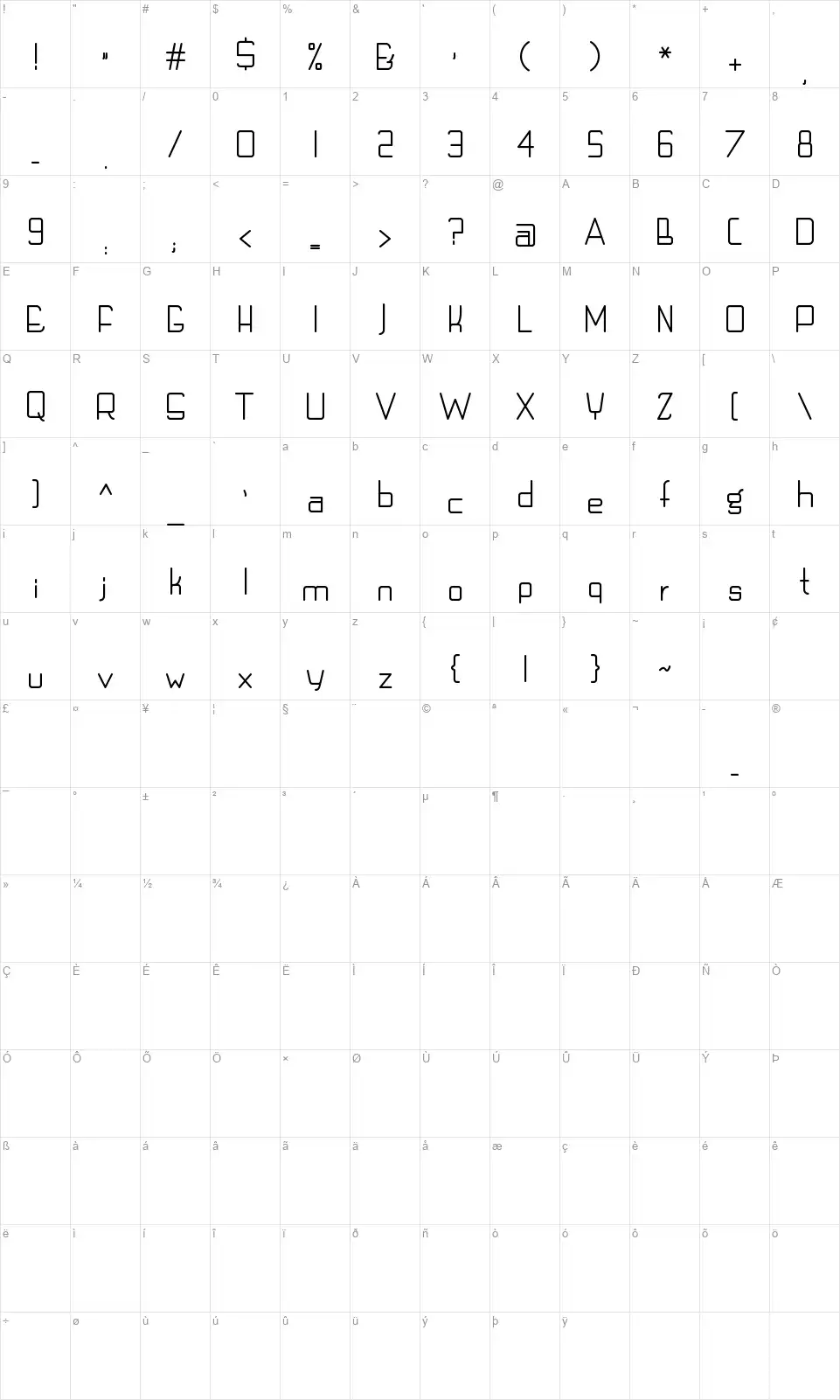 Techno LCDfont character map