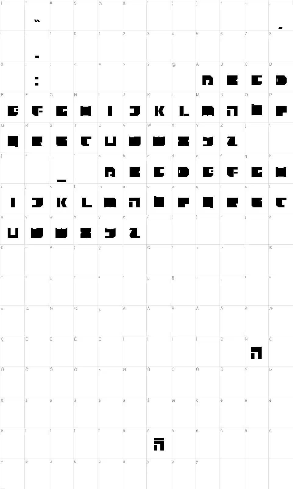 Tecnofont character map